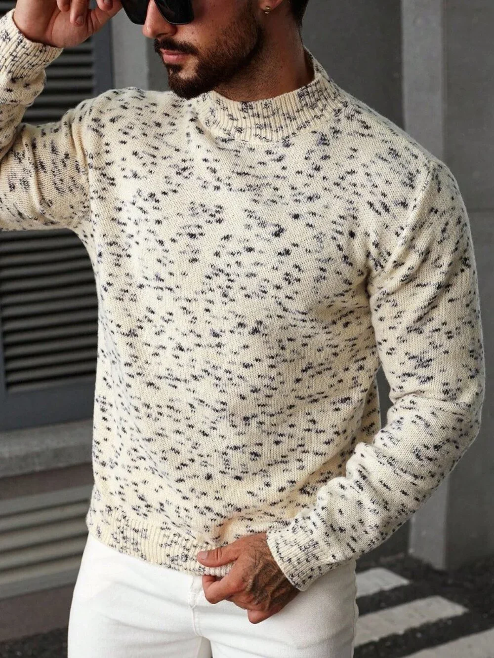 Multicolor Men's Stand Collar Rib-Knit Drop Sleeve Sweater